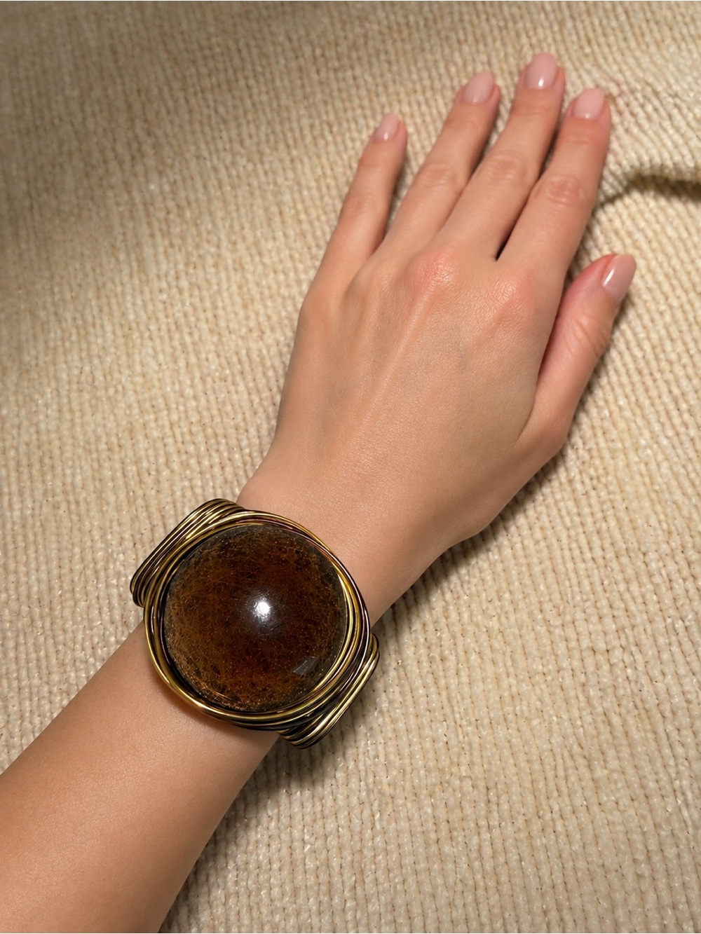 Vintage Italian Jewelry Statement Cuff Bracelet Brown Stone Gold Tone